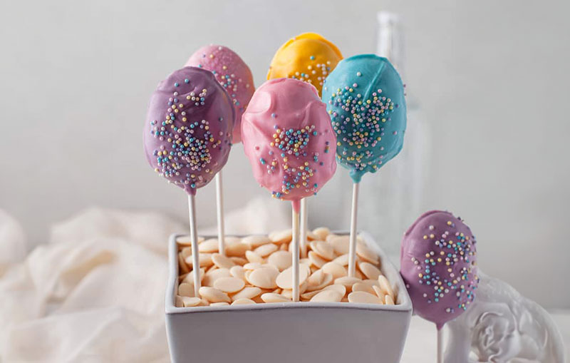 Easter Egg Cake pops in multiple colours standing up right