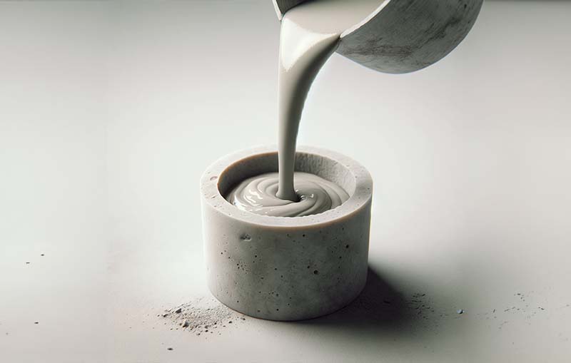 Concrete being poured into a cylindrical silicone mold, demonstrating the use of 'Silicone Molds with Concrete' in a crafting setting