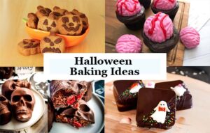 A collage of Halloween baking ideas featuring ghost cakes, brain cupcakes, skull cakes, and pumpkin cookies.