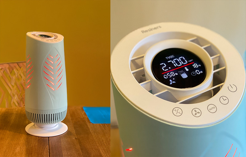 Resiners air purifier with LED indicators, displaying air quality levels.