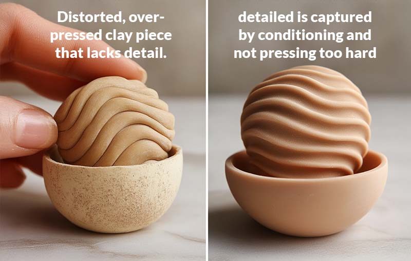 A side-by-side comparison of two molded clay spheres, showing a distorted over-pressed version vs. a detailed, well-conditioned piece made with polymer clay molds.