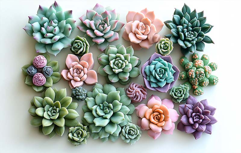 A collection of handcrafted succulent designs in various colors, all created using polymer clay molds, showcasing intricate textures and realistic details.